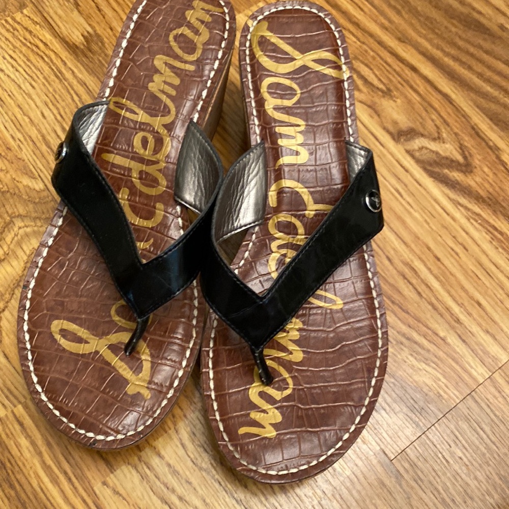 Sam Edelman Camel Romy thong Sandal shoes  Wedges size 9.5 black